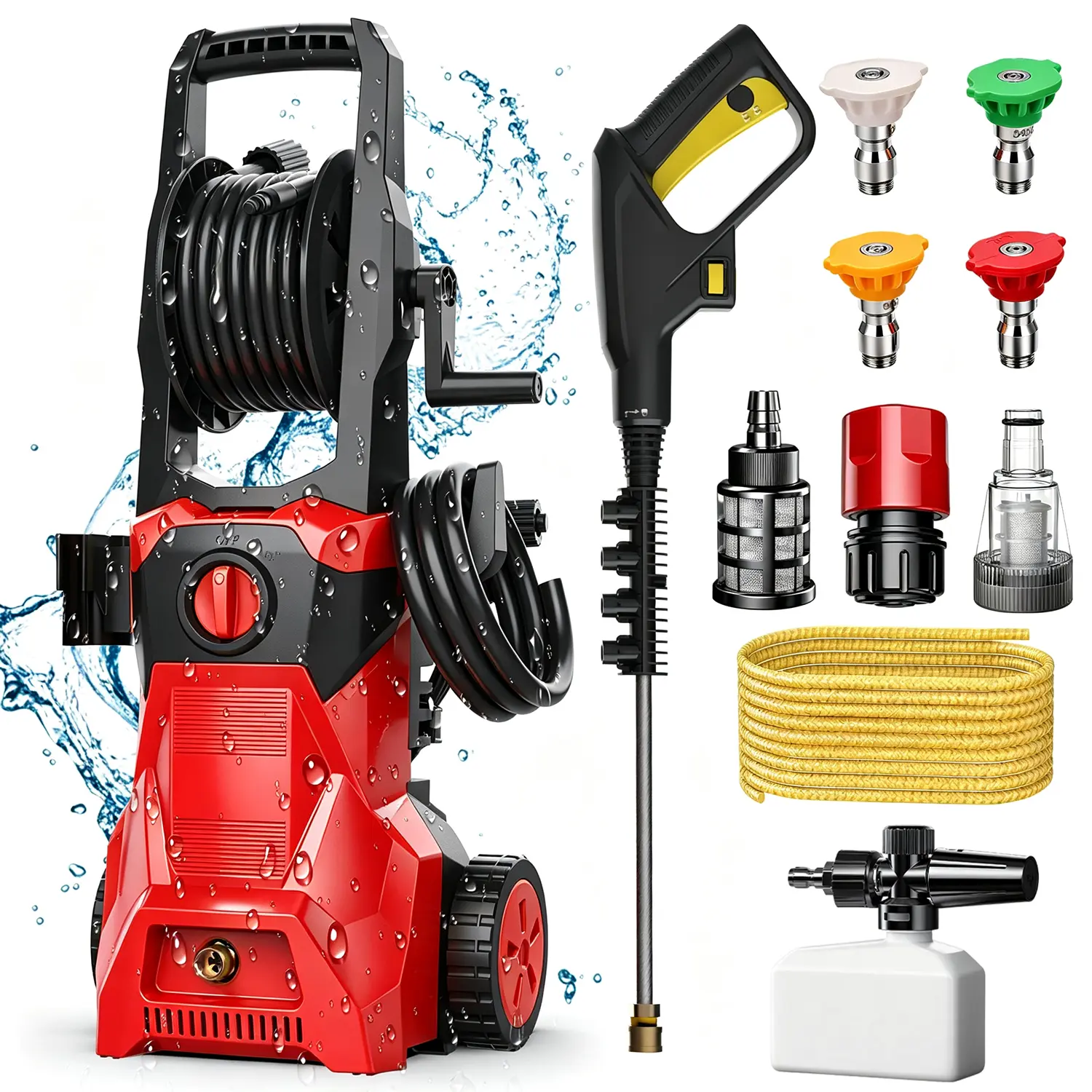 Electric Power Pressure Washer (3000 PSI) with 46 FT High-Pressure Hose, Total Stop System (TSS), Built-in Hose Reel, Mobility Wheels, 5 Quick-Connect Spray Nozzles & Foam Cannon for Car, Driveway, Household Outdoor Cleaning