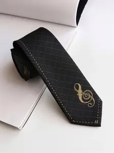 Elegant Classical Treble Clef Embroidered Skinny Tie, 2400 Needle Jacquard Woven, Artistic Music Inspired Design, Gift Box included, Designer Tie, Musical Theme