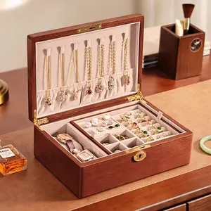 Solid wood embedded double-layer home jewelry box, desktop earring and ring storage box, flip-top lockable accessory storage box