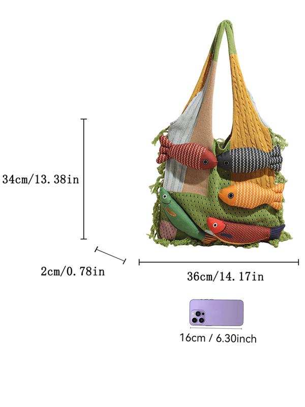 Stylish Rainbow Color Women's Knitted Bag with Colorful Fish Pattern, Versatile Shoulder Bag for Work, Shopping, Outings and Daily Use