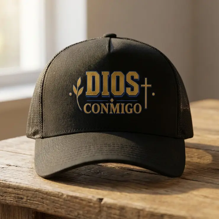 DIOS CONMIGO Cross Leaf Graphic Dad Hat - Black Mesh, Adjustable Curved Brim, Inspirational Religious Faith Gift for Men & Women, 4th of July Summer Beach Essential, Trucker life Cap Style Gorras ideal funny  Cap