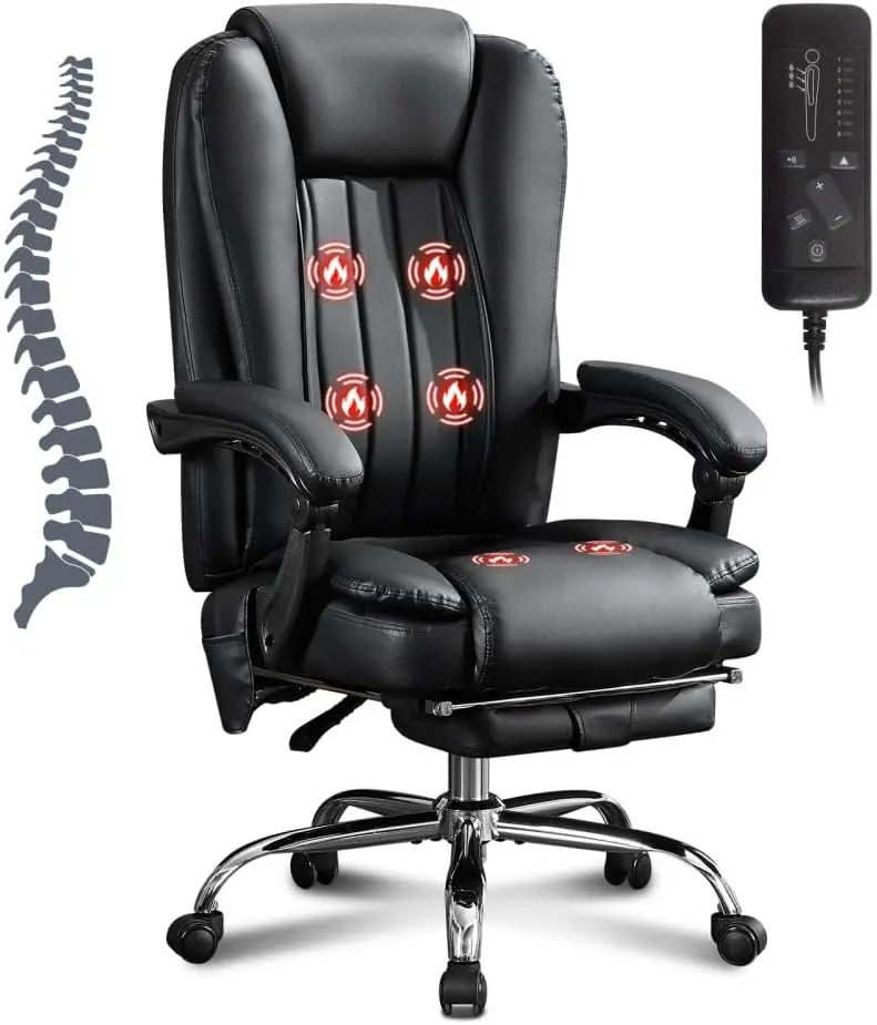 Ergonomic High-Back Heavy-Duty Reclining Office Chair with Thickened Headrest, Adjustable Lumbar Support, 6 Vibration Massage & Heat Points, Padded Armrests, 360° Rotation, 400LBS Capacity, Breathable Fabric (Black)