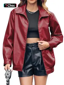 Women's Solid Pocket Zip Up Pu Leather Jacket, Street Fashion Long Sleeve Collared Outerwear for Daily Outdoor Wear, Ladies Clothes for Fall & Winter, Coat