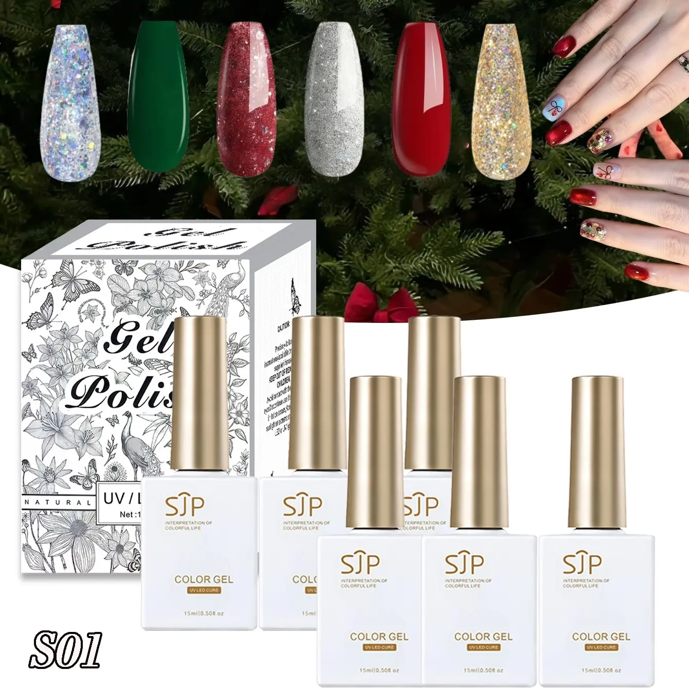6 Color Christmas UV Nail Gel Polish Set, Green，red，Silver Glitter Champagne Tone, Perfect for New Year Fall Holiday Nail Art, UV Gel Manicure, Glitter Gels, Gel Nail Polish Sets