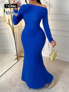 Aliling Women's Elegant Fall Dress, Asymmetrical Neckline Slim-Fit Long Sleeve Maxi Dress, Perfect for Christmas Party Formal Events