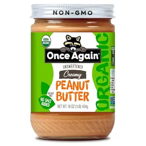 Once Again Organic Creamy Peanut Butter No Sugar Added Single Ingredient Unsalted Natural Peanut Butter No Palm Oil Glass Jar Non-GMO Gluten Free Smooth Unsweetened 16 oz
