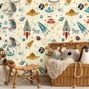 Cartoon space-themed wallpaper wallpaper, self-adhesive peel and stick, Removable Wall, suitable for Interior Walls, living room walls, bedroom background, furniture surfaces, rental remodeling scene, decorative renovation