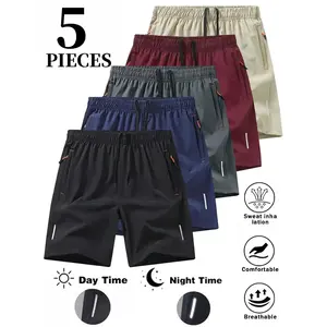 Men’s 5-Pack Sports Quick-Dry Athletic Shorts, Solid Color Breathable Quick-Dry Style with Zipper Pockets and Drawstring Waist, Gym Favorite, Suitable for Outdoor Activities and Fitness Training. men’s shorts,shorts for summer.