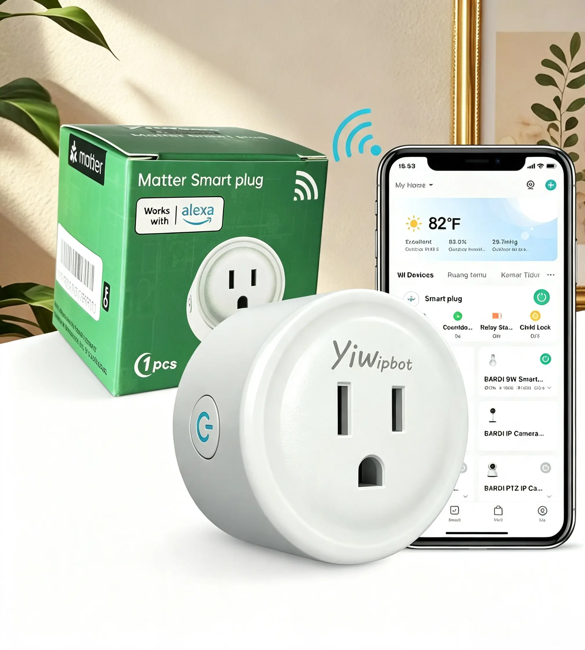 YiWipbot Matter Smart Plug 10A, 2.4GHz WiFi Smart Outlet Compatible with Alexa, Apple HomeKit, Google Home, SmartThings & Home Assistant. No Hub Required Remote Control Socket for Home Automation, Voice Control & Smart Devices