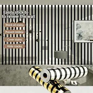 Striped Self-Adhesive Wall Decal, Metal Punk Style, Gold Silver Color 3D Mirror Grid Texture, Easy Peel and Stick, Home Renovation Decor