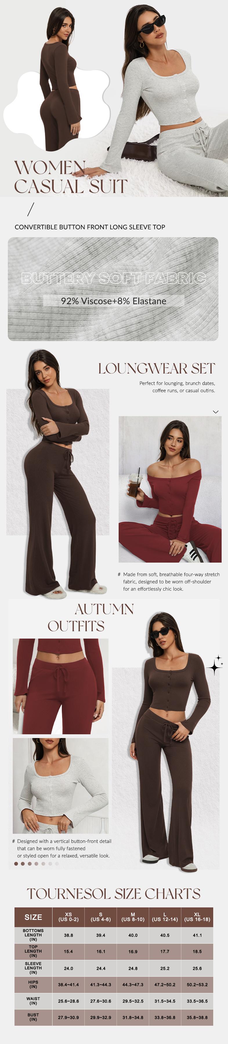 Tournesol Women's Cozy Knit Lounge Set, Button Front Long Sleeve Crop Top & Wide Leg Pants 2 Piece Outfit 031