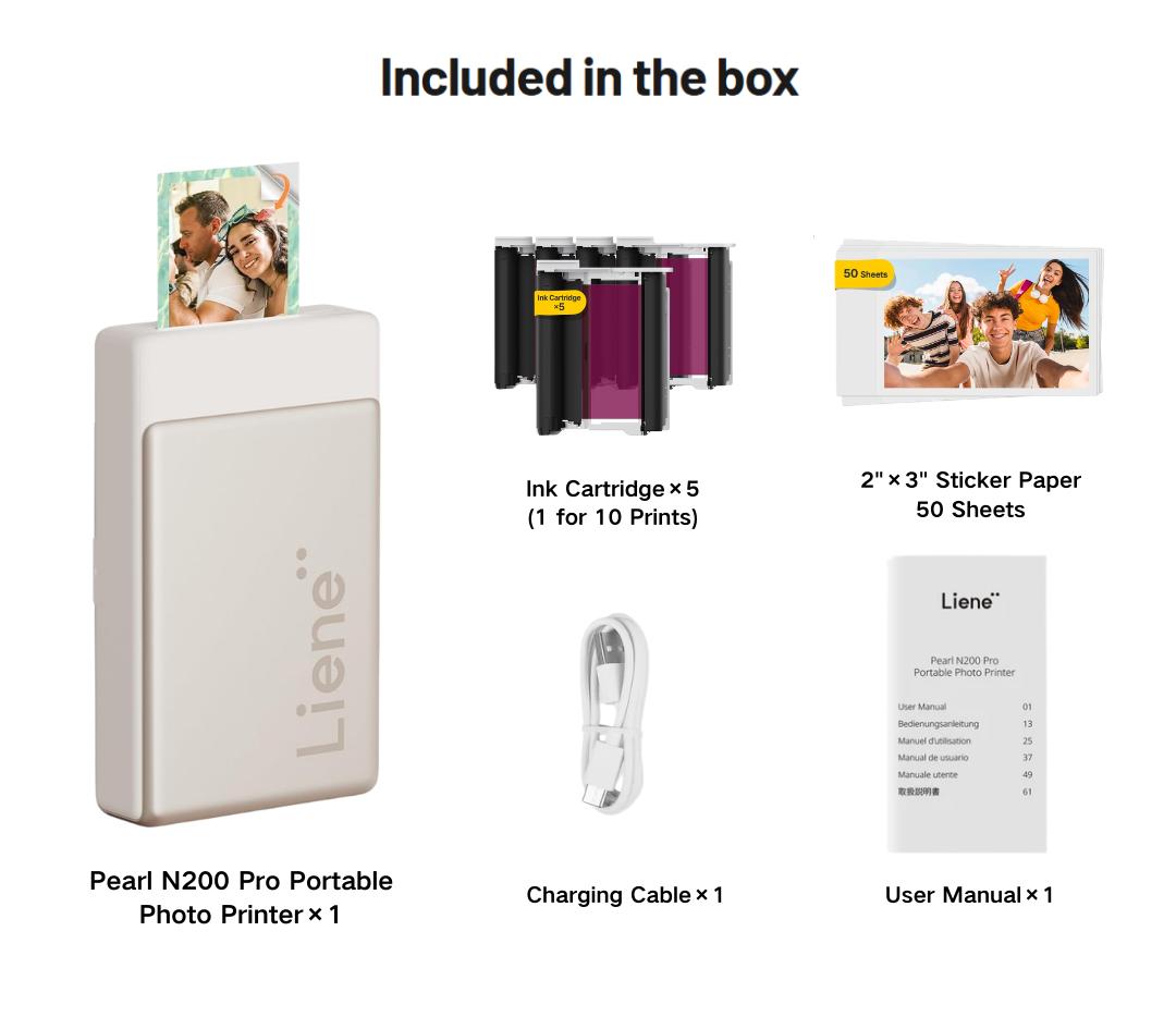 Liene Pearl N200 Pro Portable Photo Printer, Instant Mini Picture Printer for iPhone Smartphone, Thermal Dye Sublimation, Bluetooth Sticker Printer 50 Sheets 2x3 Adhesive Paper & 5 Cartridges, New Drops, Spring Glow Up