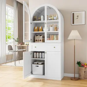 71" Tall Arched Kitchen Pantry Cabinet, Modern Kitchen Storage Cabinets with Hidden Drawer and Spacious Countertop, Wooden Storage Pantry Cabinet for Living Room, Dining Room, White