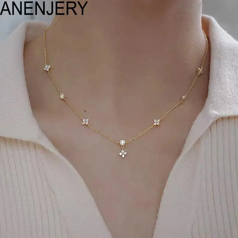 ANENJERY Inlaid Zircon Four-leaf Flower Chain Necklace for Women New Niche Light Luxury Fashion Collares Choker Accessories