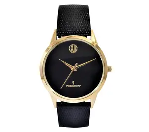 Puegeot Men's Goltone Wafer Slim Leather Strap Watch