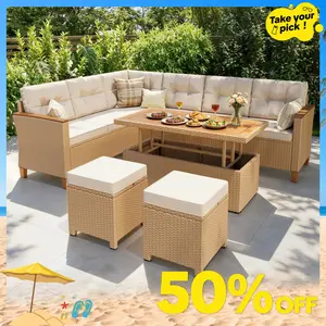 【1/2/3 Packages Shipping】Phivilla 3/6 Seats Outdoor Patio Rattan Furniture Sofa Set with Acacia Wood Coffee Table, Thick Cushions Sofa Set for Balcony, Porch & Patio, SummerVibes