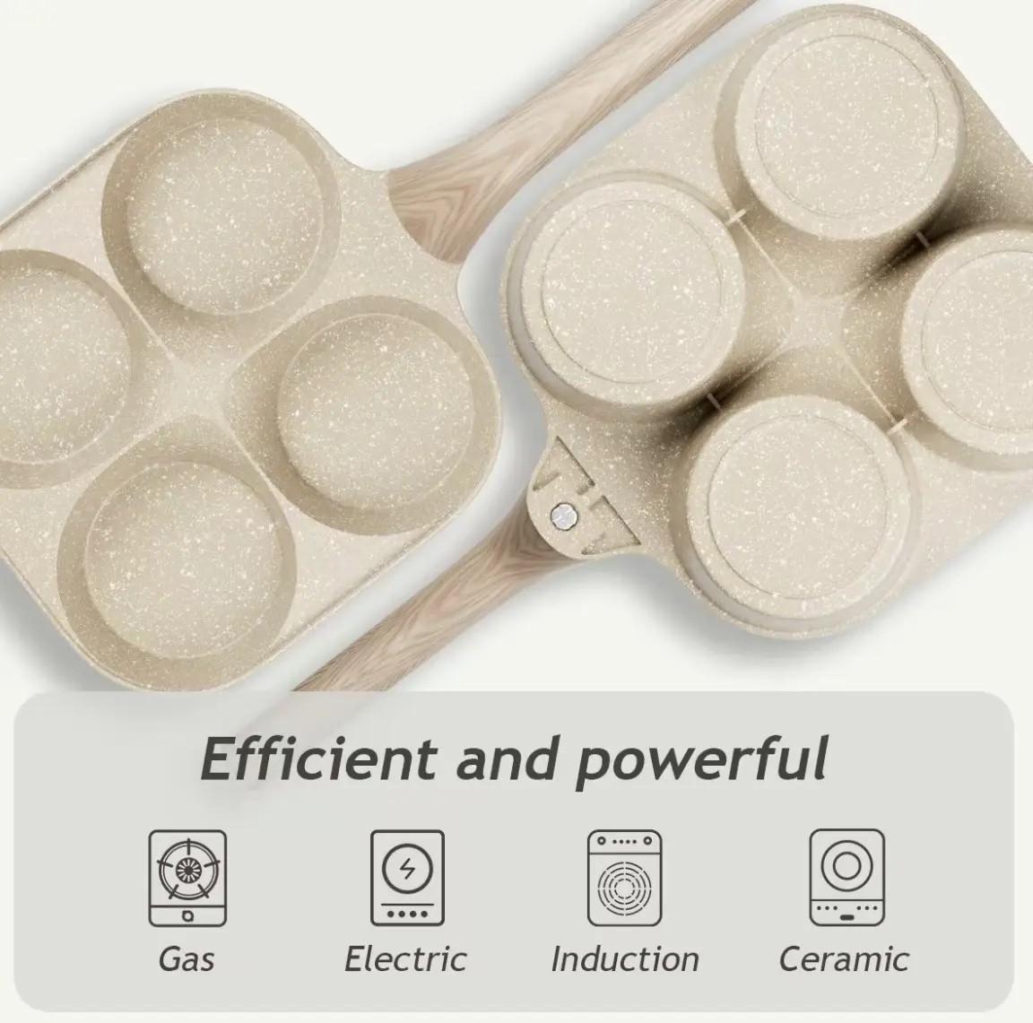 Multifunctional Nonstick Egg Frying Pan without Lid with Four-Hole Design for Eggs Burgers Pancakes Induction Compatible Kitchen Pan Beige Black