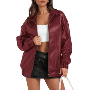 Yousify Women's Oversized Faux Leather Zip-Up Bomber Motorcycle Jacket, Long Sleeve Tops & Coats, Basic Trendy Fall Winter Valentine's Day Apparel S-XXL