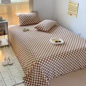 Pumpkin and White Plaid Bed Sheets  Light Brown Checkerboard Grid Flat Sheets Modern Boho Beige White Mini Plaid Fitted Sheet Women Men Khaki Plaid Bedding Sheet with 2 Pillowcases 4 count