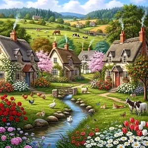 Spring English Countryside Stream And Cottages Art Painting Diamond Painting 5D DIY Diamond Painting Kit Full Drill Square Diamonds Embroidery Cross Stitch Art Craft Home Wall Decor, Art Gift, Handmade Gifts Decorative Painting Set