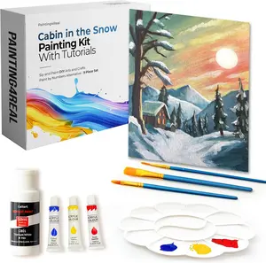 DIY Cabin in The Snow Acrylic Painting Kit with Video Tutorials - 9pc Art Set for Adults and Beginners
