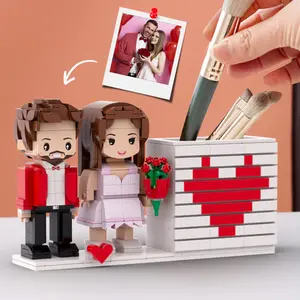Mother's Day Sale Couple Customizable Brick Figures&Pen Holderwith Keychain Set Based On Your Photo Good Gift for Lover/Family/Spouse