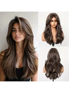 20 Inch Wave Synthetic Wig for Women, Heat Resistant Middle Part Long Curly Hair, Rose Net Cap, Natural Look, Daily Wear, Party, Role Play