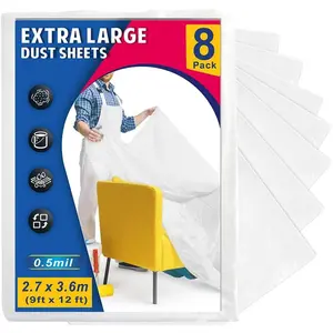 12 x 9 Ft Plastic Drop Cloths (8 - Pack) - Painter Plastic Drop Cloths Sheet -  Anti-dust Cover - Painter's Sheeting & Tarps for Painting -  Furniture/Couch/Floor Protection