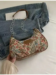 Women's Fashion Versatile Solid Color New Floral Print Shoulder Bag Casual Simple French Bag Small Square Bag Casual Handbag Satchel