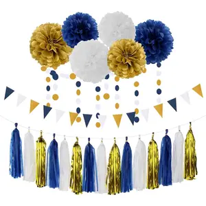 Navy Blue White Gold 23pcs Party Decoration Kits - Paper Flowers, Banner Flags, Circle Banner, Tassel Garland for Birthday Bachelorette Boy Baby Shower Gender Reveal Graduation Party