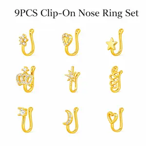 9PCS Clip-On Nose Rings – No Piercing Small Snug Fit Gold Fake Nose Ring Set, Adjustable Punk CZ Nose Jewelry