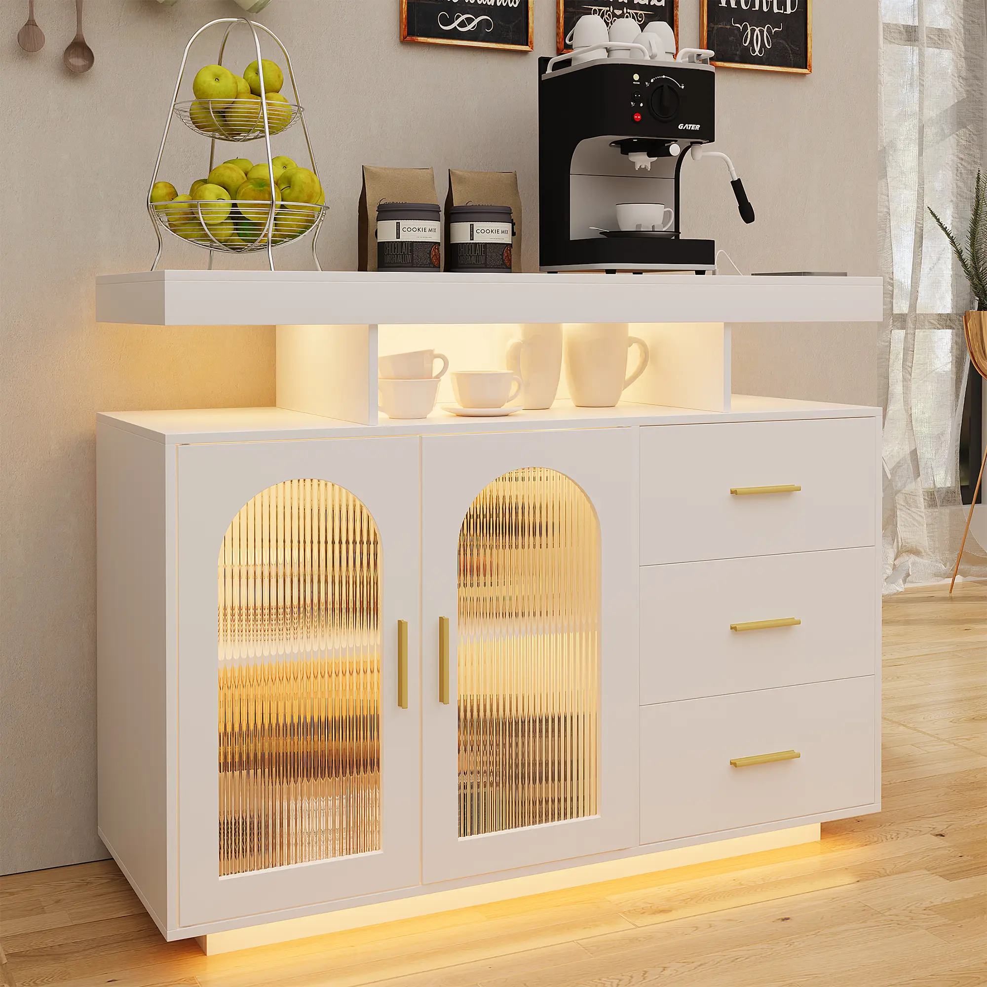 FREDEES Kitchen Cabinet Sideboard with 3 Drawers, Buffet Cabinet with Auto Sensor, 20 Colour Lights, Console Table with Charging Station, Touch Contro