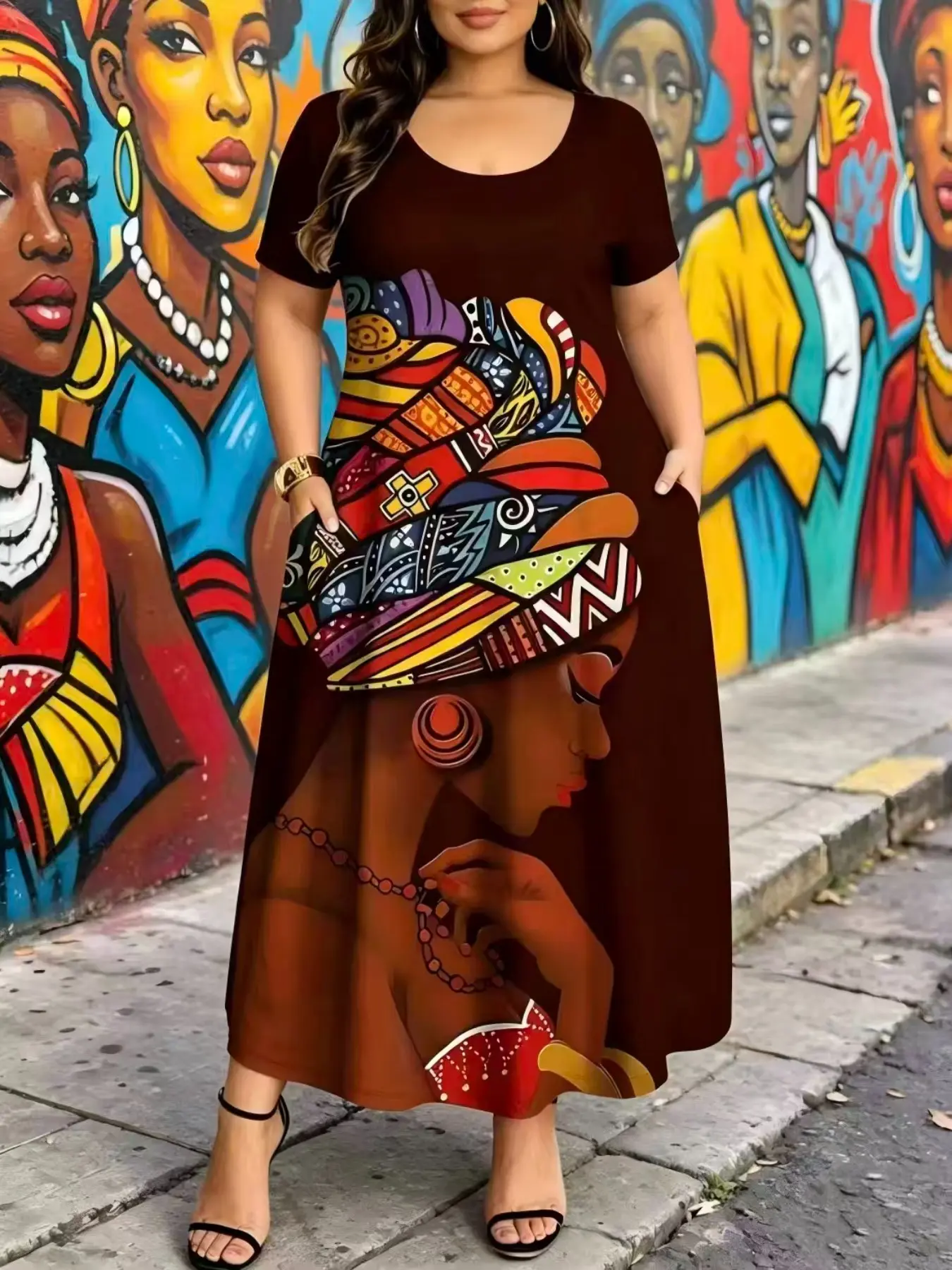 Plus Size Women's Dress, Womenswear, 6 Colors Available, Pocket Design, Ethnic Style, Print, Loose Fit, Slimming Effect, Casual Daily Wear
