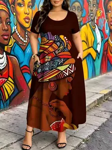 Plus Size Women's Dress, Womenswear, 6 Colors Available, Pocket Design, Ethnic Style, Print, Loose Fit, Slimming Effect, Casual Daily Wear
