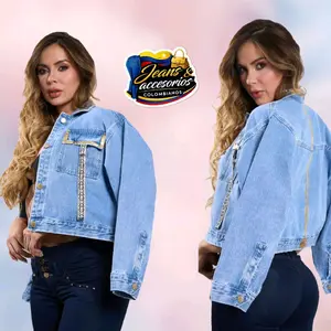 Women's Colombian Denim Jacket with Long Sleeves Blue Decorative Front Closures - Fabric, Womenswear Casual Cotton Coats Garment Pants Pockets Outerwear Tops