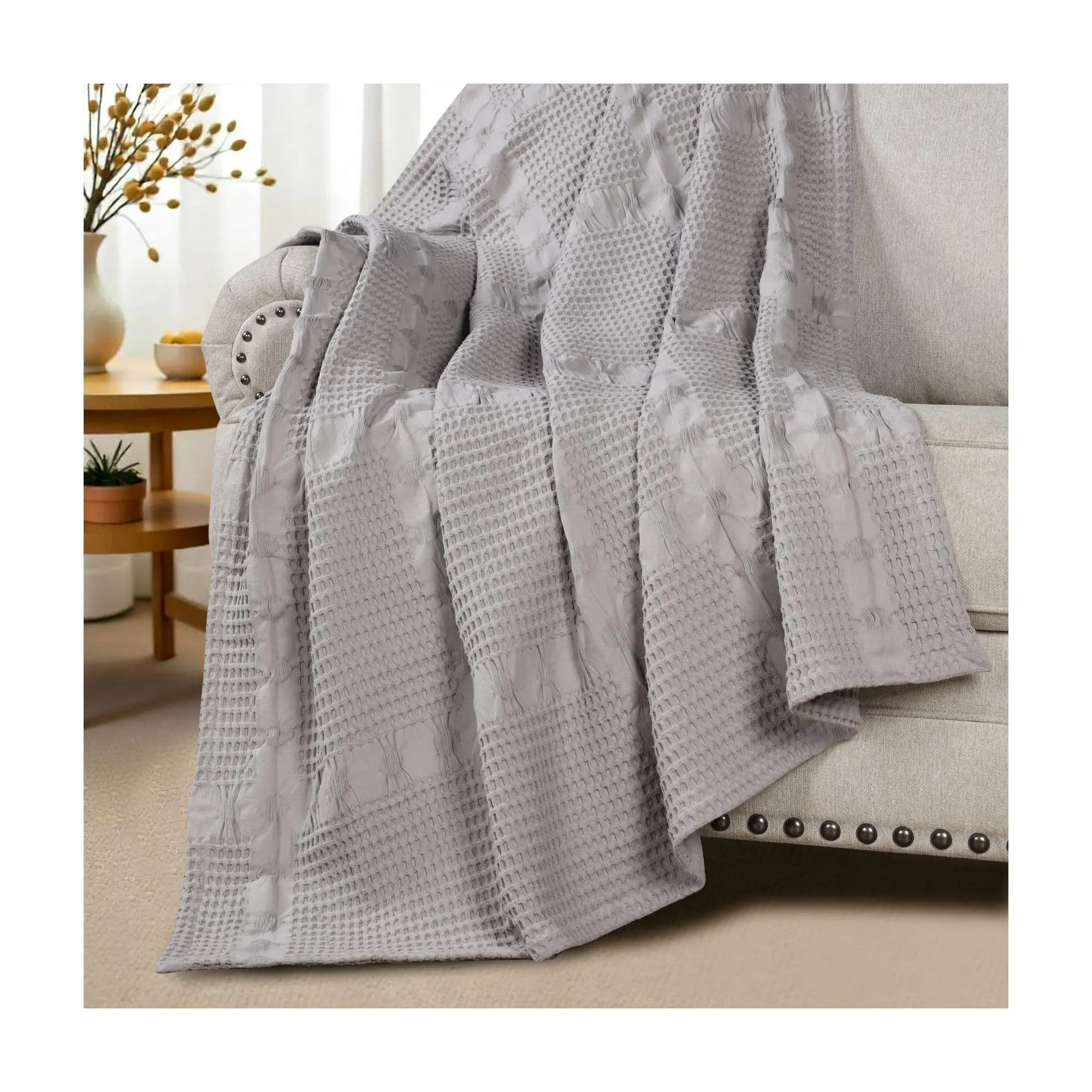 Superior Mai Geometric Waffle Cotton Blanket, Throw