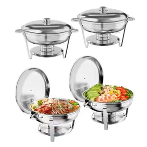 [FLASH SALE] Garvee 5QT Chafing Dish Buffet Set of 4 Pack, Round Stainless Steel Food Warmers Buffet Servers Sets, Chafer with Food & Water Pan, Lid, Frame, Fuel Holder for Catering and Parties