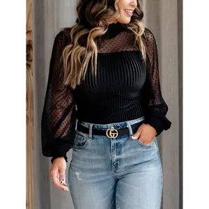 Women's Mesh Polka Dot Long Sleeve Ribbed Velvet Jumpsuit, Casual Fashion One-Piece, Comfortable & Stylish Clothing for Daily Wear