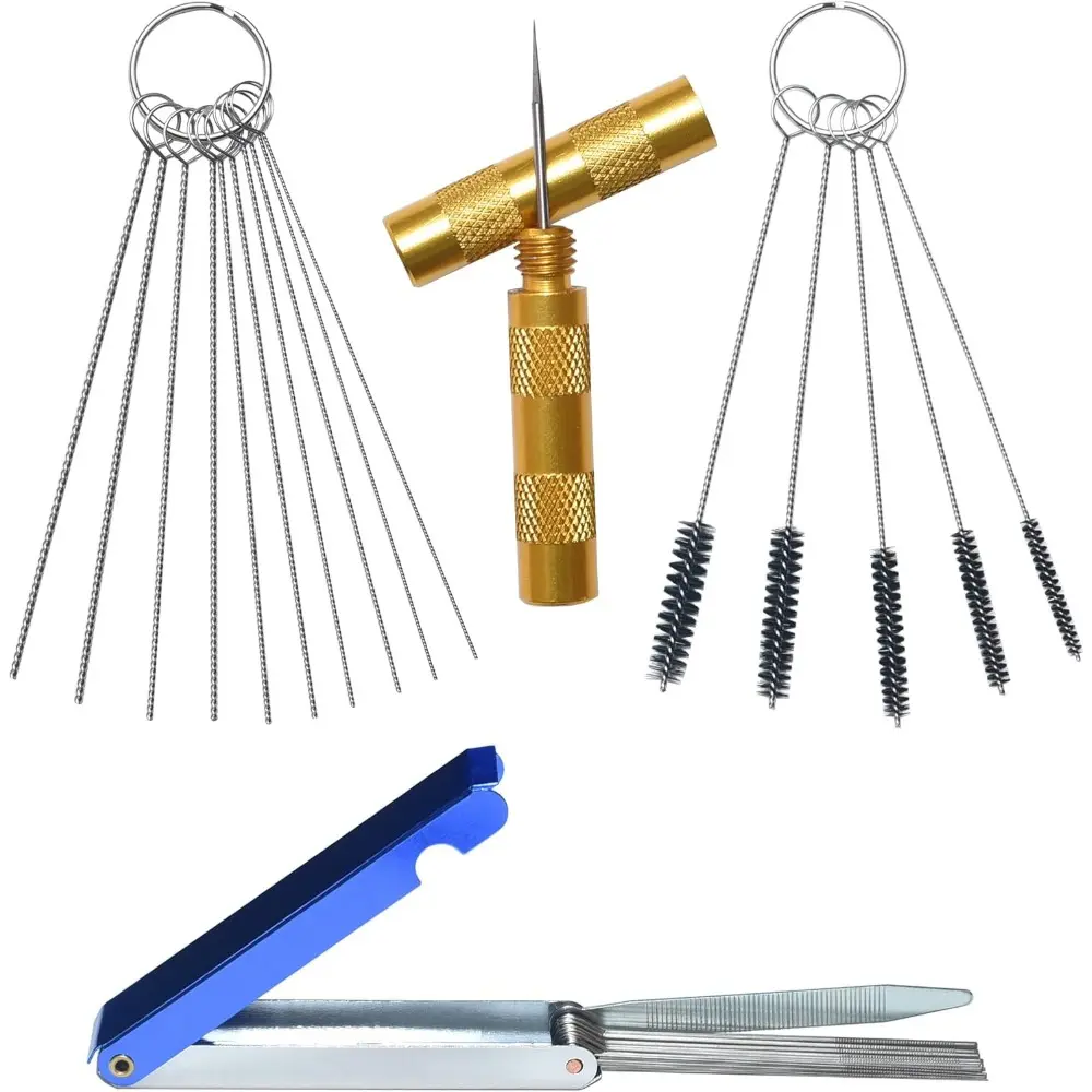 Carburetor Carbon Dirt Jet Remove Cleaner, 13 Cleaning Wires Set + 10 Cleaning Tools + 5 Nylon Brushes + 1 Sharp Pick Tool Kit For Motorcycle, ATV, Moped, Welder, Carb, Chainsaw, Spray Guns, Torch Tips