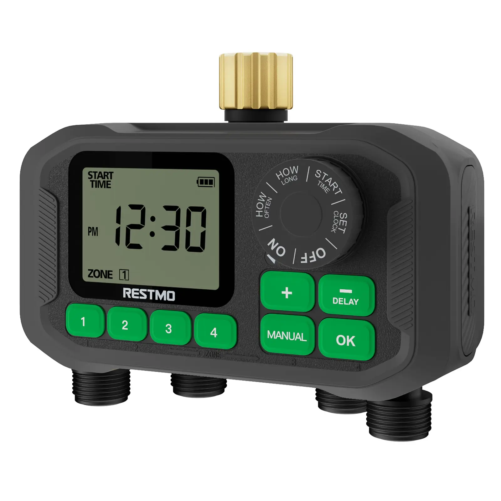 RESTMO 4-Zone Brass Inlet Sprinkler Hose Timer with Large Dial, Automatic Watering Device, Rain Delay/Manual Mode, 11H59M Max Duration, Watering System for Garden Lawn Drip Irrigation, Automatic Watering Devices, Watering Systems