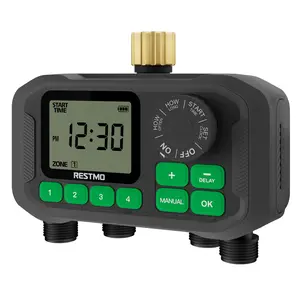 RESTMO 4 Zone Brass Inlet Sprinkler Hose Timer with Large Dial, Water Timer for Garden Hose with Rain Delay/Manual Mode, 11 Hours 59 Minutes Max Watering, Automatic Drip Irrigation System for Lawn