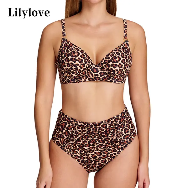 Women's Lilylove Underwired Tummy Control Swimsuit Style Bikini - 2-Piece High Waisted Nylon Blend Swimwear with Ruched Detail, High Elasticity, Inclusive Sizes for Summer Beach Water Sports
