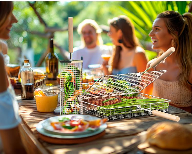 ivtivfu Grill Basket Set 2PCS with Removable Beech Wood Handle 304 Stainless Steel Heavy Duty Rectangular & Hexagon BBQ Tools for Vegetable Shrimp Outdoor Camping Kitchen Barbecue Cooking Gifts for Men Dad Husband - Utensils Cover