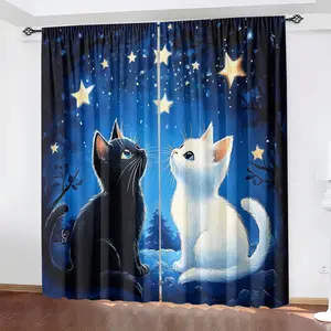 Cute Cat Print Filter Curtain, Polyester Material, High Definition Digital Starry Sky, Suitable for Bedroom, Living Room, Office, Home Decor