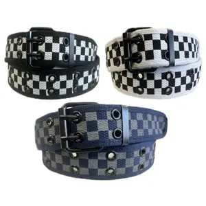 Checkered Canvas Belt Two Hole Double Prong Web Belt with Metal Buckle in Black White Blue Colors