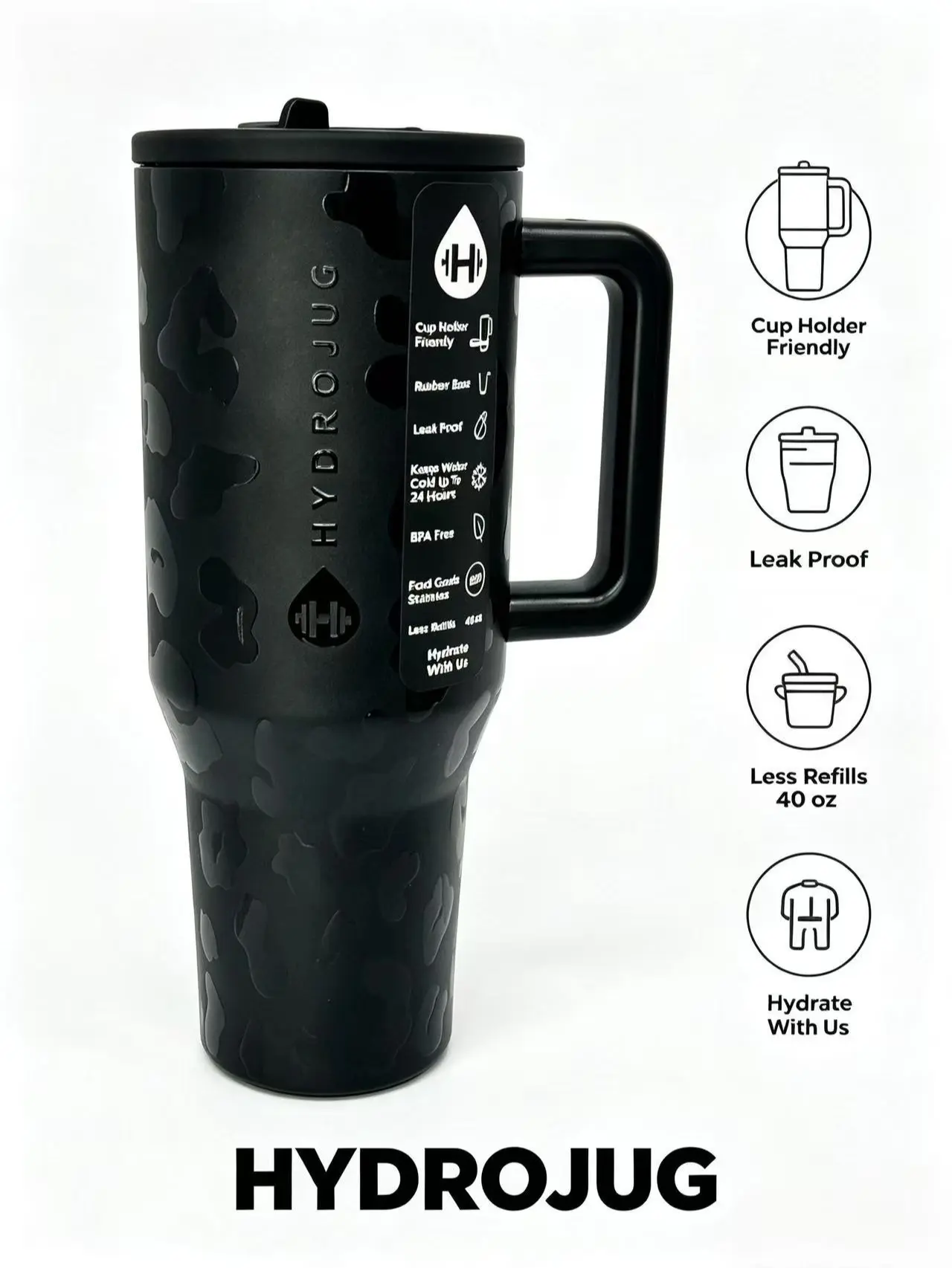 HydroJug 40oz Insulated Stainless Steel Tumbler with Handle, Black Leopard Print Leak Proof Travel Mug, Cup Holder Friendly, BPA Free for Iced Coffee, Water, Office & Gym
