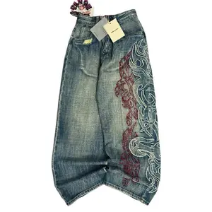 2025 New Style Y2K American New Pattern Embroidered Baggy Jeans for Men — High Street Vintage Hip Hop Fashion Casual Wide-Leg Denim Trousers, Couples Matching Design