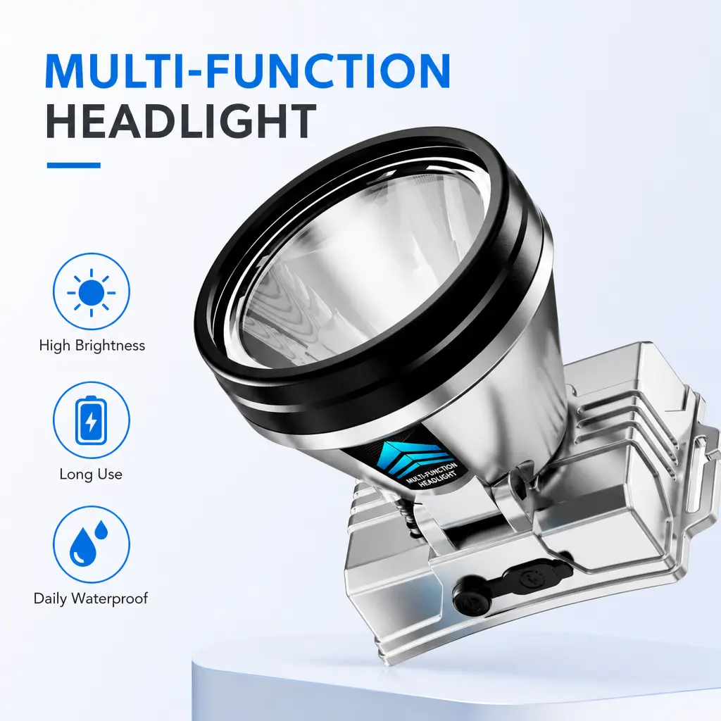 Large Reflector Cup High Bright LED Headlamp, USB Rechargeable Waterproof Head Torch with Adjustable Tilt Angle, Long-Distance Illumination Hands-Free Lighting Gear for Night Fishing, Camping, Hiking, Construction and Outdoor Night Activities