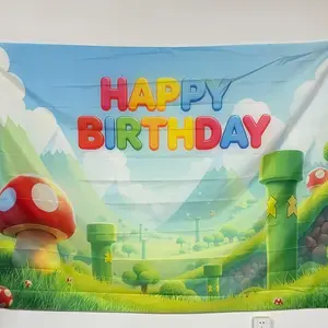 2D 1pc Mario World Birthday Banner, Colorful Happy Birthday Backdrop, Mushrooms & Game Landscape, Video Game Party Supplies, Photo Backdrops, Photo Booth Background, Party Background Decoration