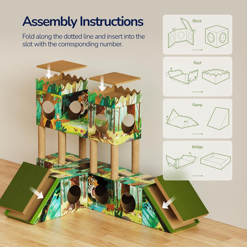 PalNests Cardboard Cat Tree 3-in-1 Multi-Level Tower with Scratching Posts & Tunnel for Kittens & Medium Cats DIY Recyclable
